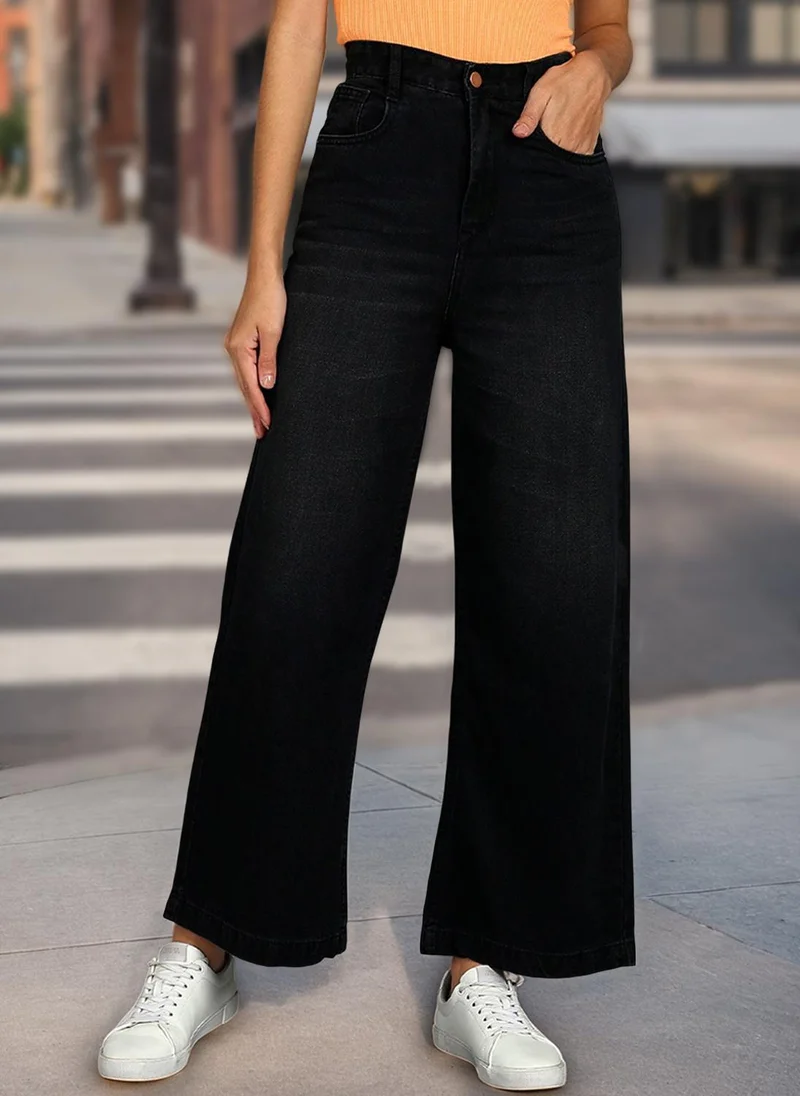 Urbano Fashion Women's Dark Grey Regular Fit Wide Leg Washed Jeans